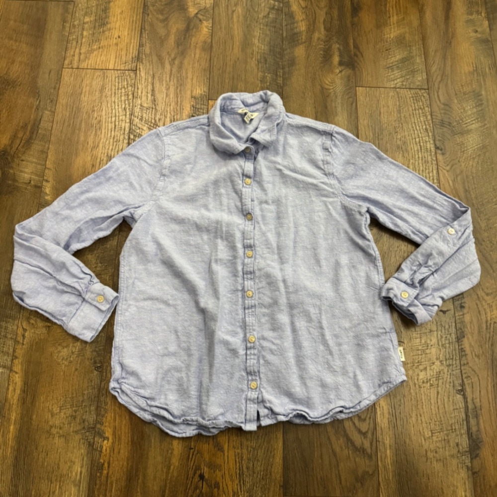 Orvis Womens Linen-Blend Button‎ Down Shirt Medium Blue Roll-Tab Coastal Summer